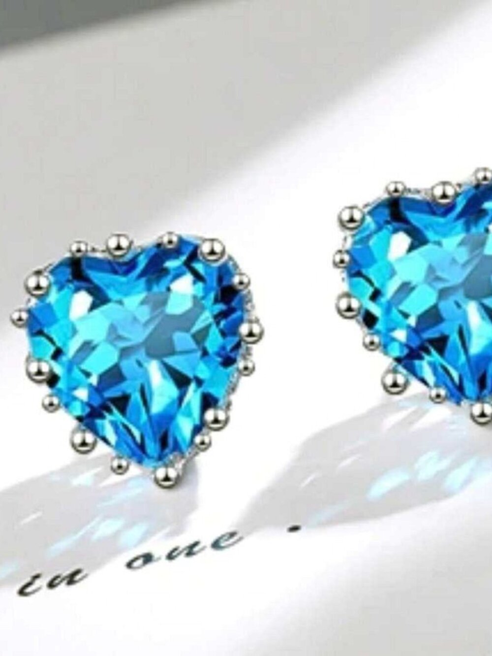 New Sparkling Ocean‑Blue Heart CZ Stud Earrings Korean Fashion Ear Studs
